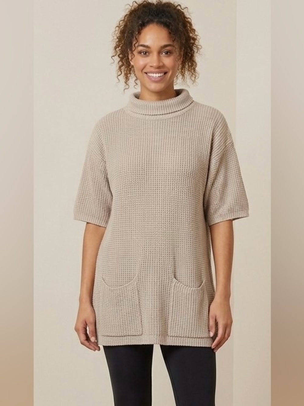 Cozy Waffle-Knit Tunic Sweater - Cream